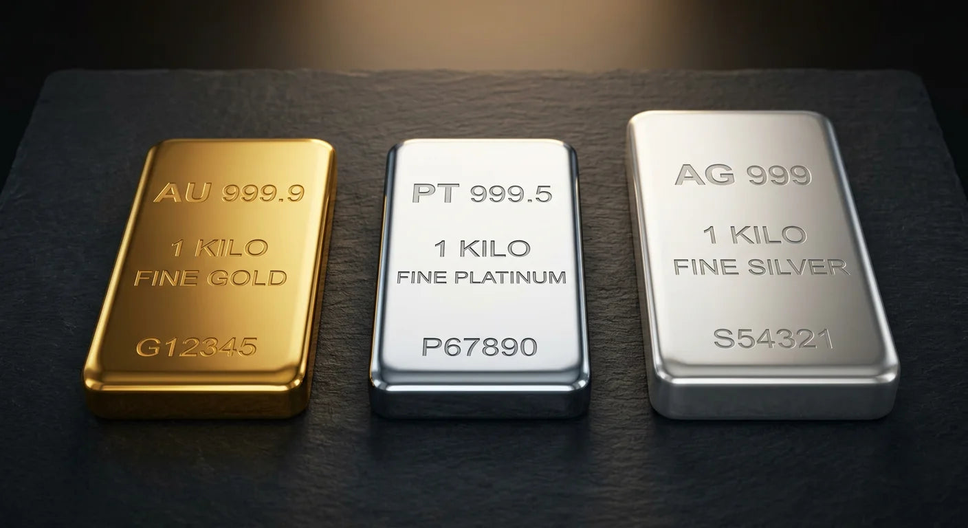 Gold platinum and silver metal bars compared side by side showing distinct color and luster differences