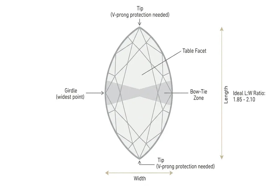 Marquise diamond anatomy diagram showing ideal proportions, bow-tie zone, length-to-width ratio, tips, and girdle