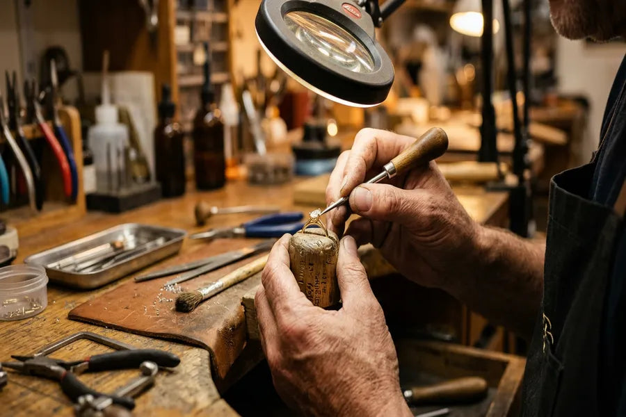 Master jeweler at GOLDZENN workshop setting a marquise diamond into a gold engagement ring under magnification