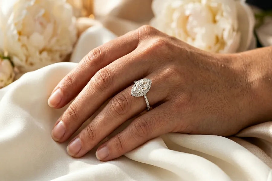 Marquise diamond engagement ring in white gold halo setting on woman's hand — elegant bridal jewelry by GOLDZENN