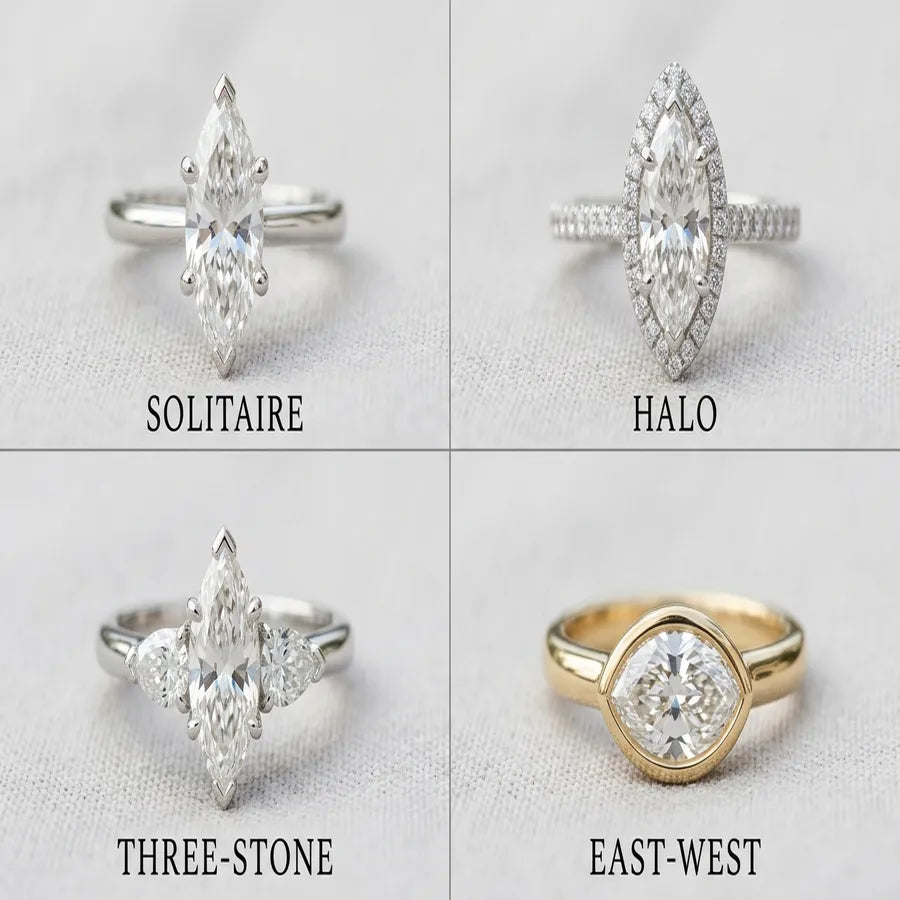 Four marquise diamond ring settings compared — solitaire V-prong, halo, three-stone, and east-west bezel