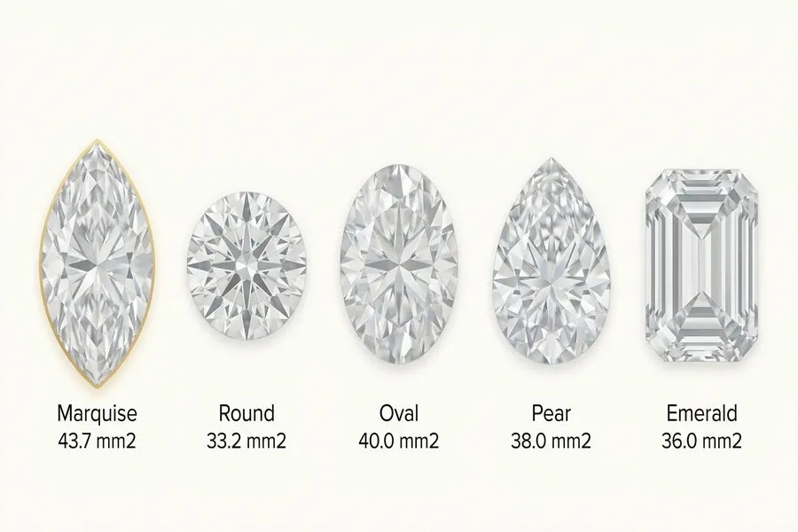 Diamond shape comparison showing marquise, round, oval, pear, and emerald cuts at 1 carat with face-up size differences
