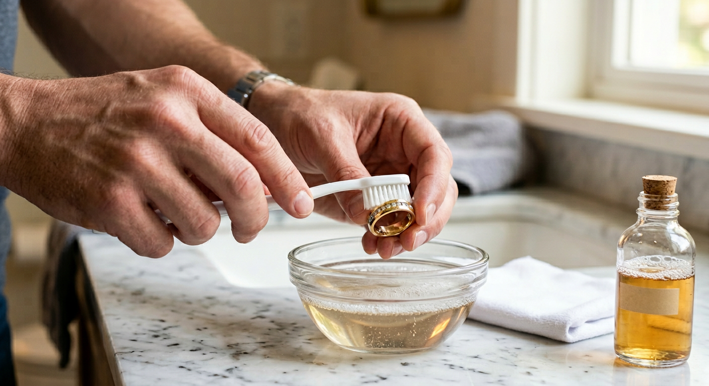 Close-up of hands cleaning a gold diamond ring with soft brush in warm soapy water, lint-free cloth nearby