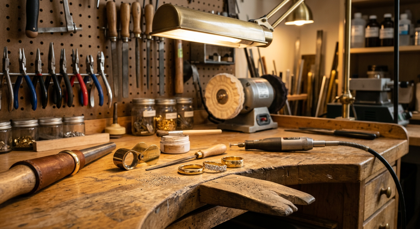 GOLDZENN Miami workshop interior showing jeweler bench with gold ring tools, polishing equipment, and finished rings