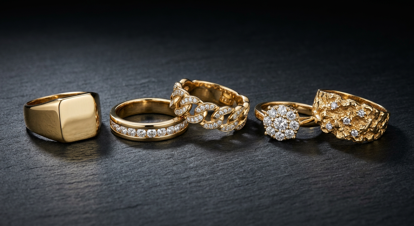 Luxury display of men's gold rings including signet, diamond band, and Cuban link ring on dark surface