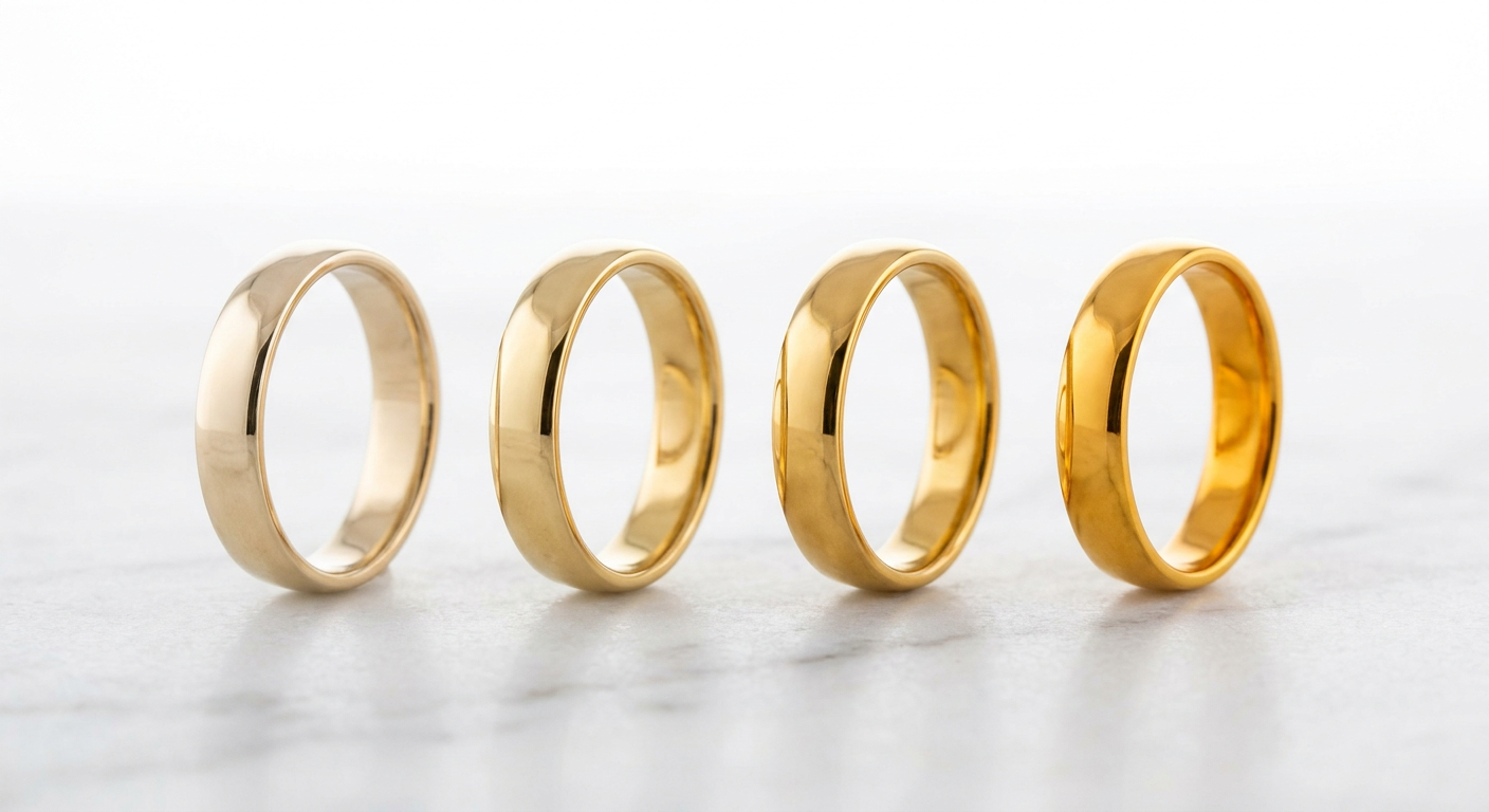Side-by-side comparison of four gold rings showing color difference between 10K, 14K, 18K, and 24K gold