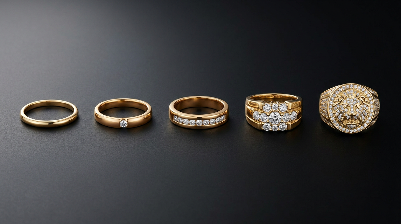 Elegant infographic showing five price tier levels with representative ring images at each bracket from under 500 to over 5000 dollars