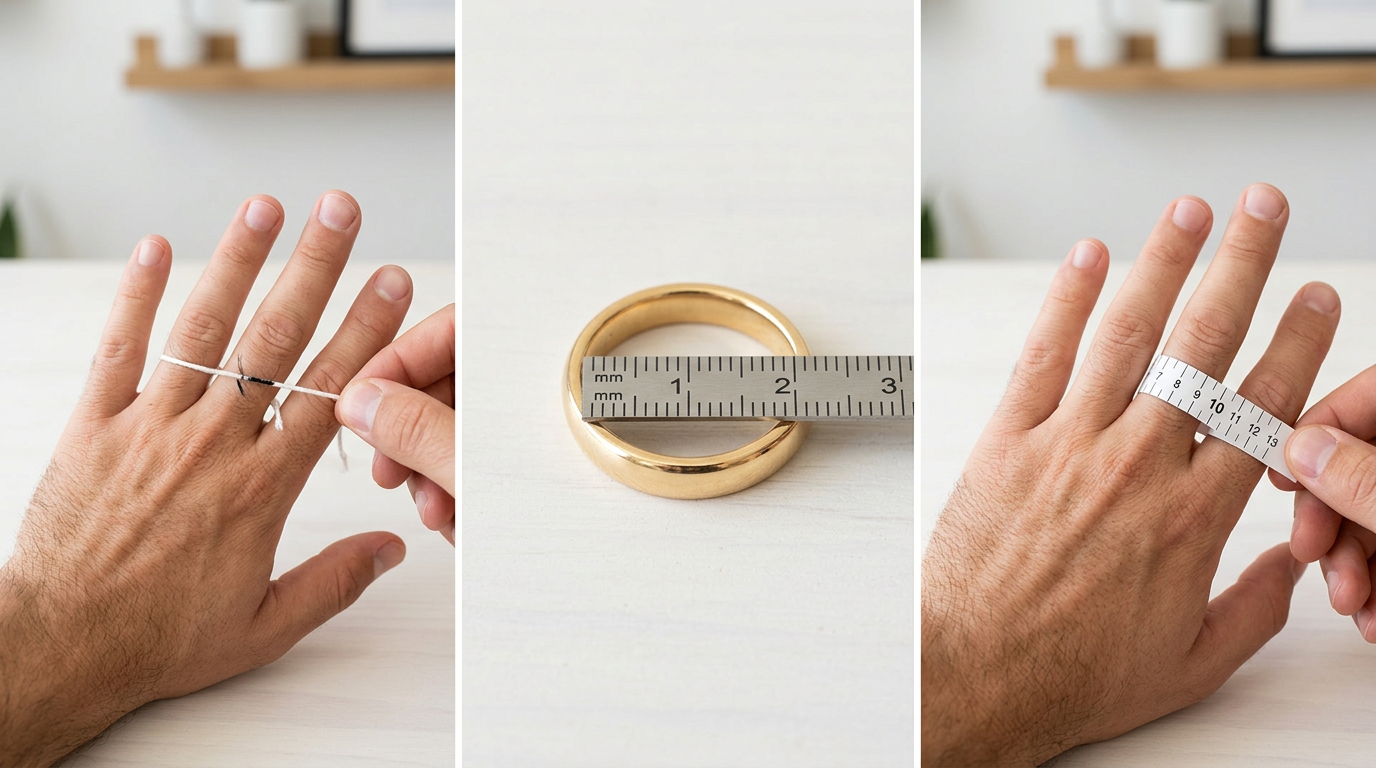 Instructional image showing three ring sizing methods - string wrapped around finger, ruler measuring ring diameter, and paper sizer strip