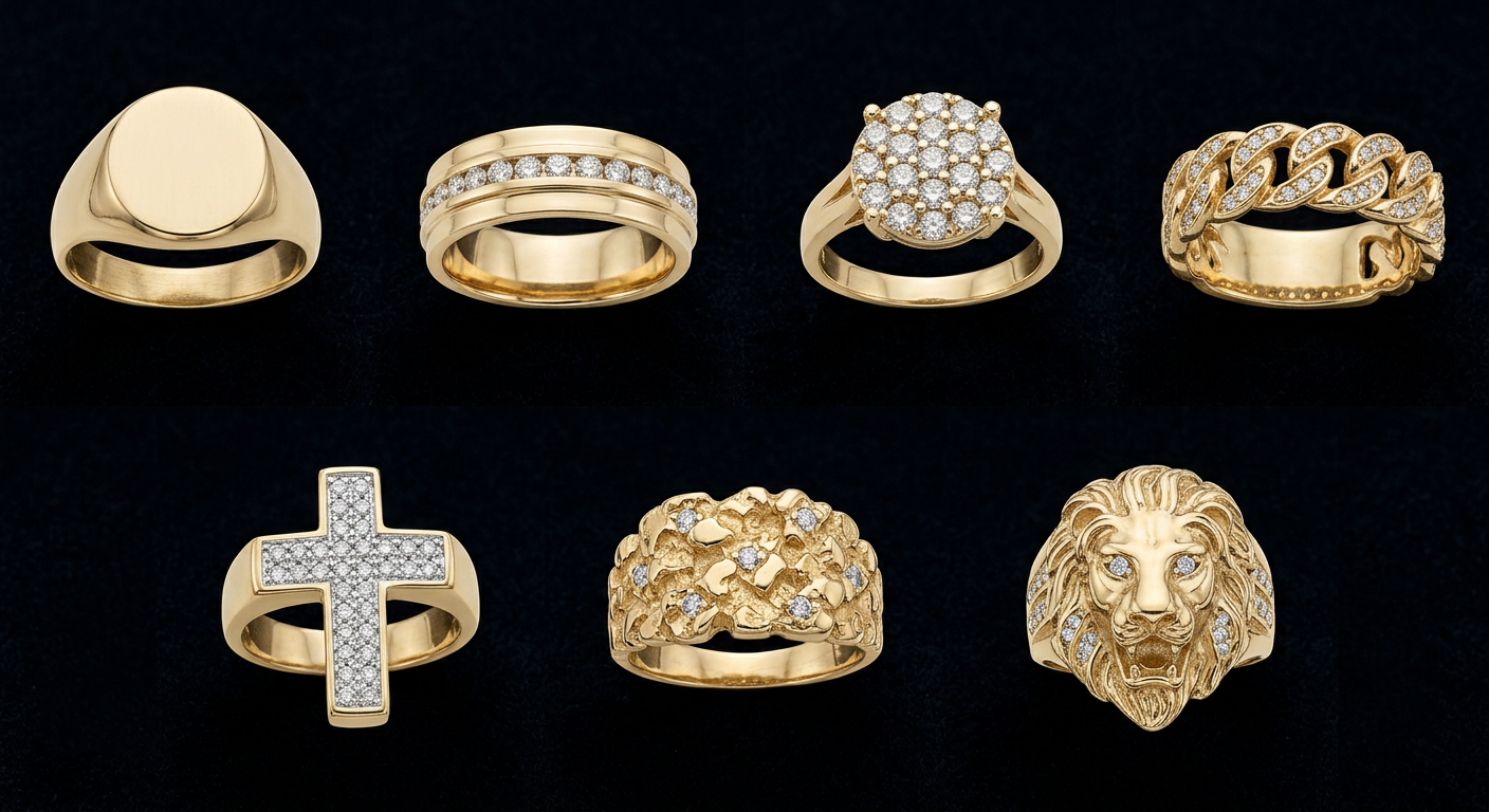 Grid showing seven ring styles - signet, wedding band, diamond cluster, Cuban link, cross, nugget, and statement - on black velvet