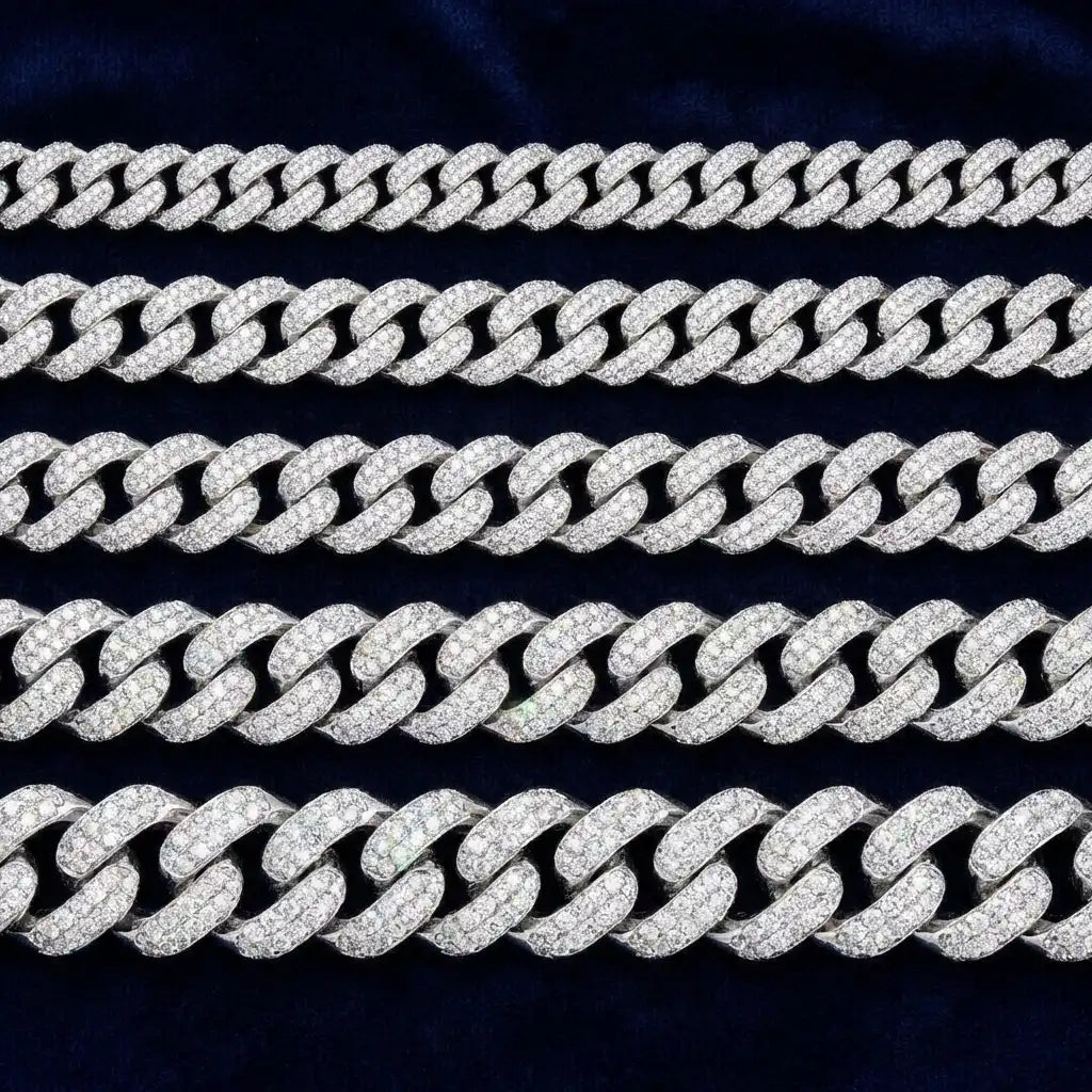 Five iced-out moissanite Cuban link chains in 925 sterling silver arranged from thinnest to widest, showing size progression from 8mm to 20mm with full stone coverage on each