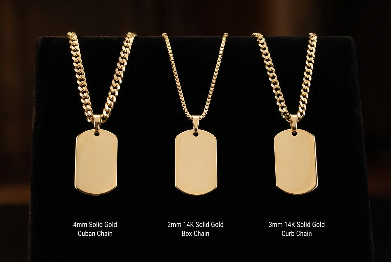 Three identical gold dog tag pendants paired with Cuban link, box, and curb chains for comparison
