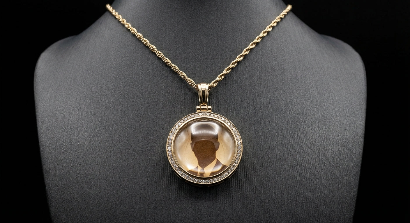 10K gold picture pendant with diamond-studded bezel and protective crystal lens on rope chain