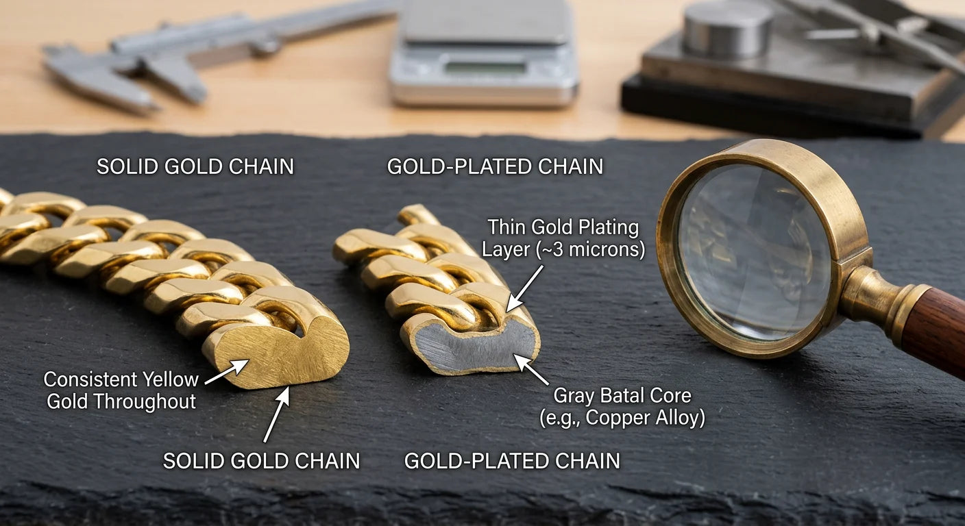 Cross-section comparison of solid gold chain versus gold-plated chain showing thin plating layer over base metal core