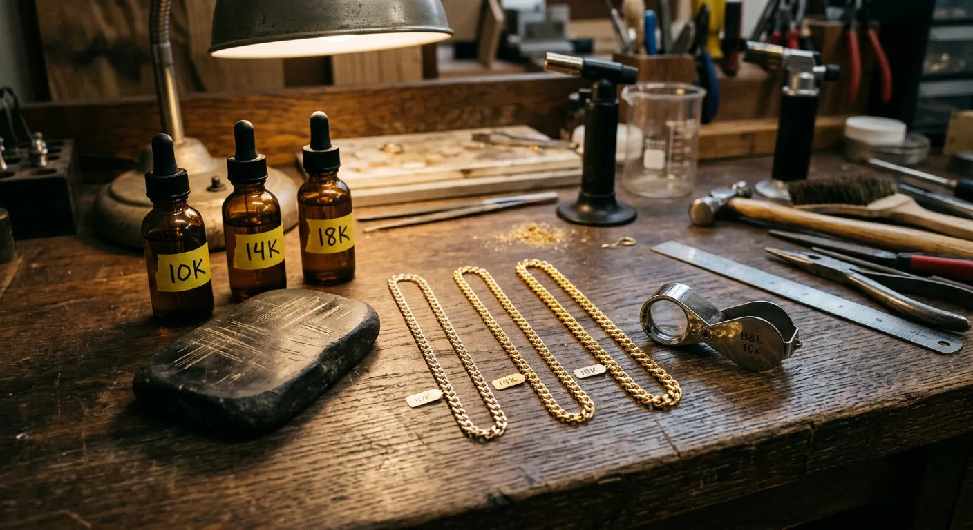 Gold purity testing setup with touchstone, acid test bottles, and jewelers loupe alongside gold chains of different karats