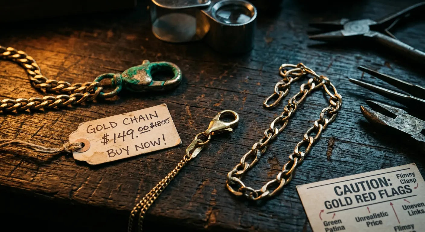 Red flag indicators when buying gold jewelry including green discoloration, unrealistic pricing, and uneven link quality