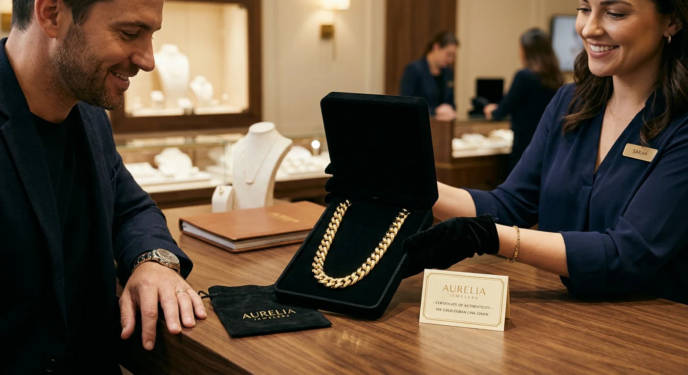 Premium gold Cuban link chain presented in luxury box with certificate of authenticity representing trusted gold purchase