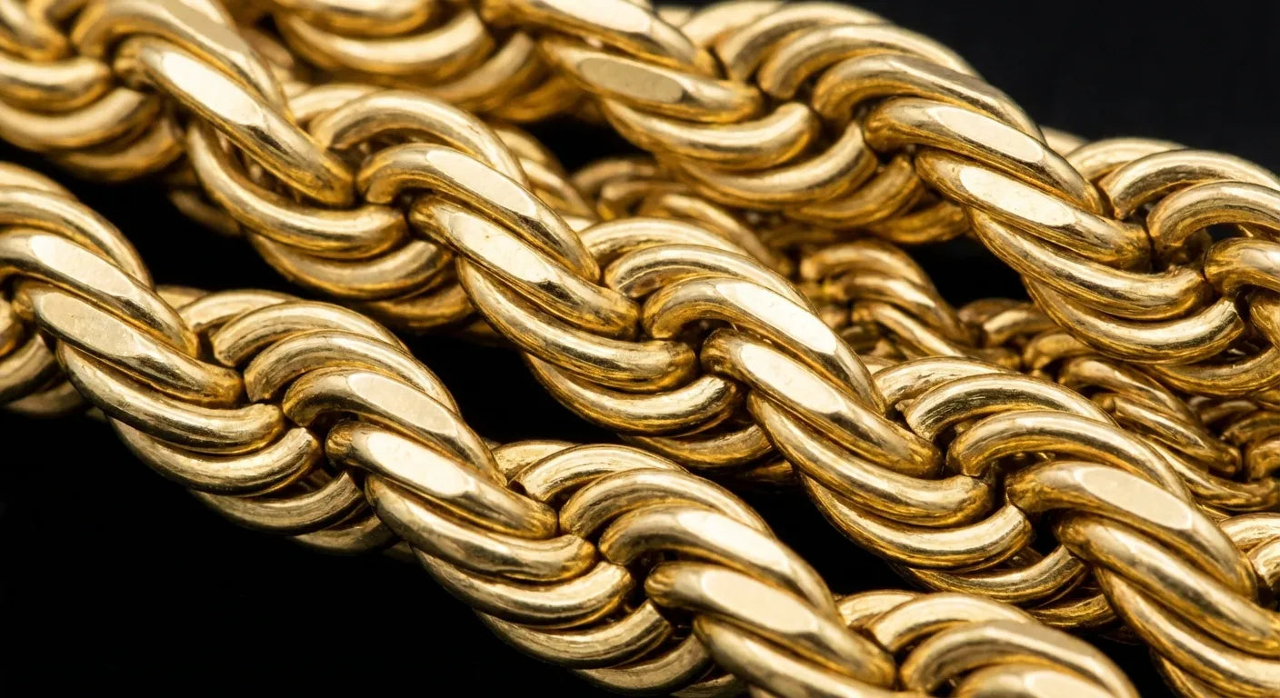 Extreme macro close-up of gold rope chain construction showing interlocking spiral links wrapped around each other in a helical pattern, individual twisted oval links visible under studio lighting