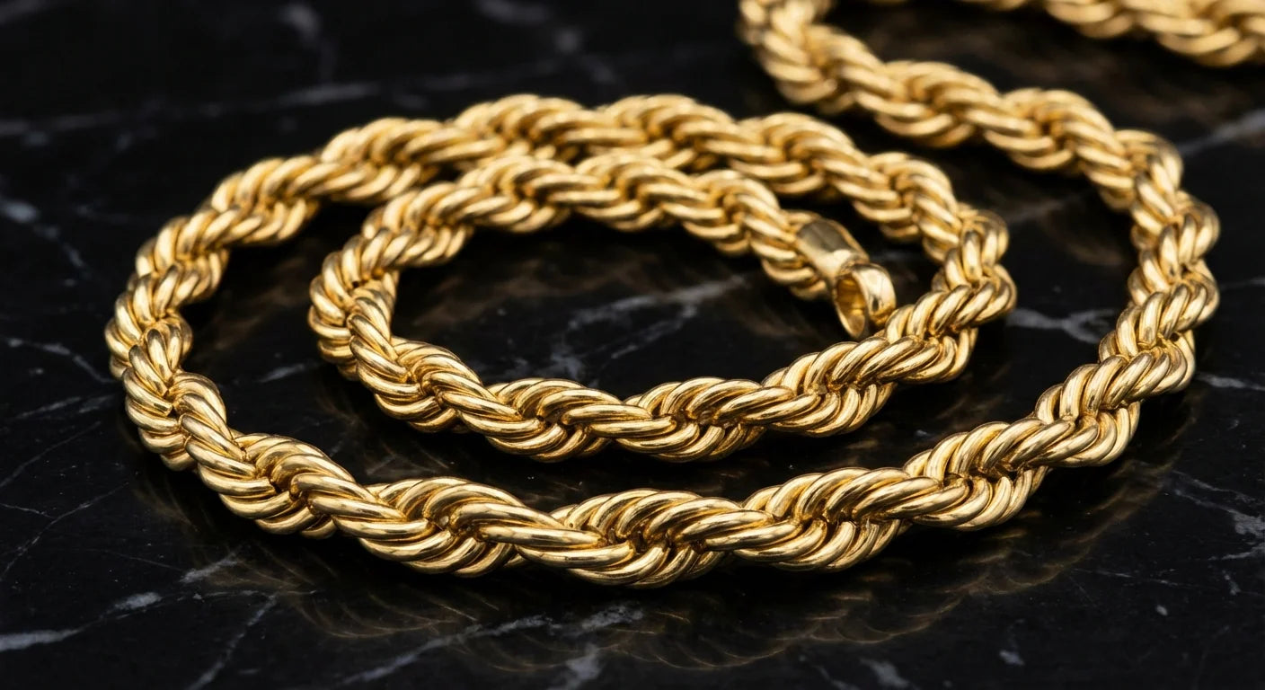 Thick solid gold rope chain coiled on dark marble surface showing the spiral twist pattern of interlocking helical links, warm studio lighting highlighting the golden sheen