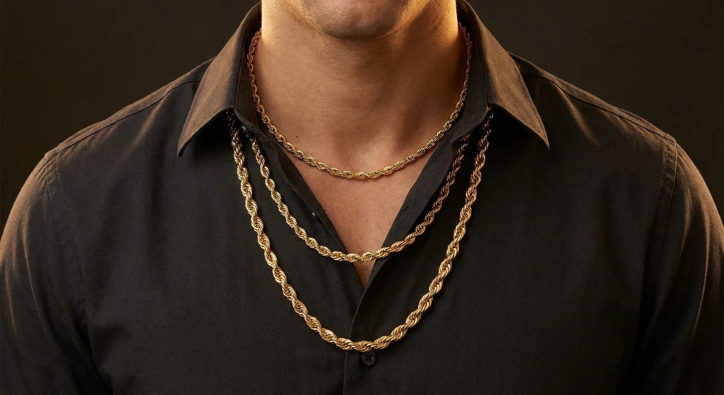 Stylish man wearing layered gold rope chains at different lengths and widths against a dark button-up shirt, warm golden lighting, chest-level fashion photography without face visible