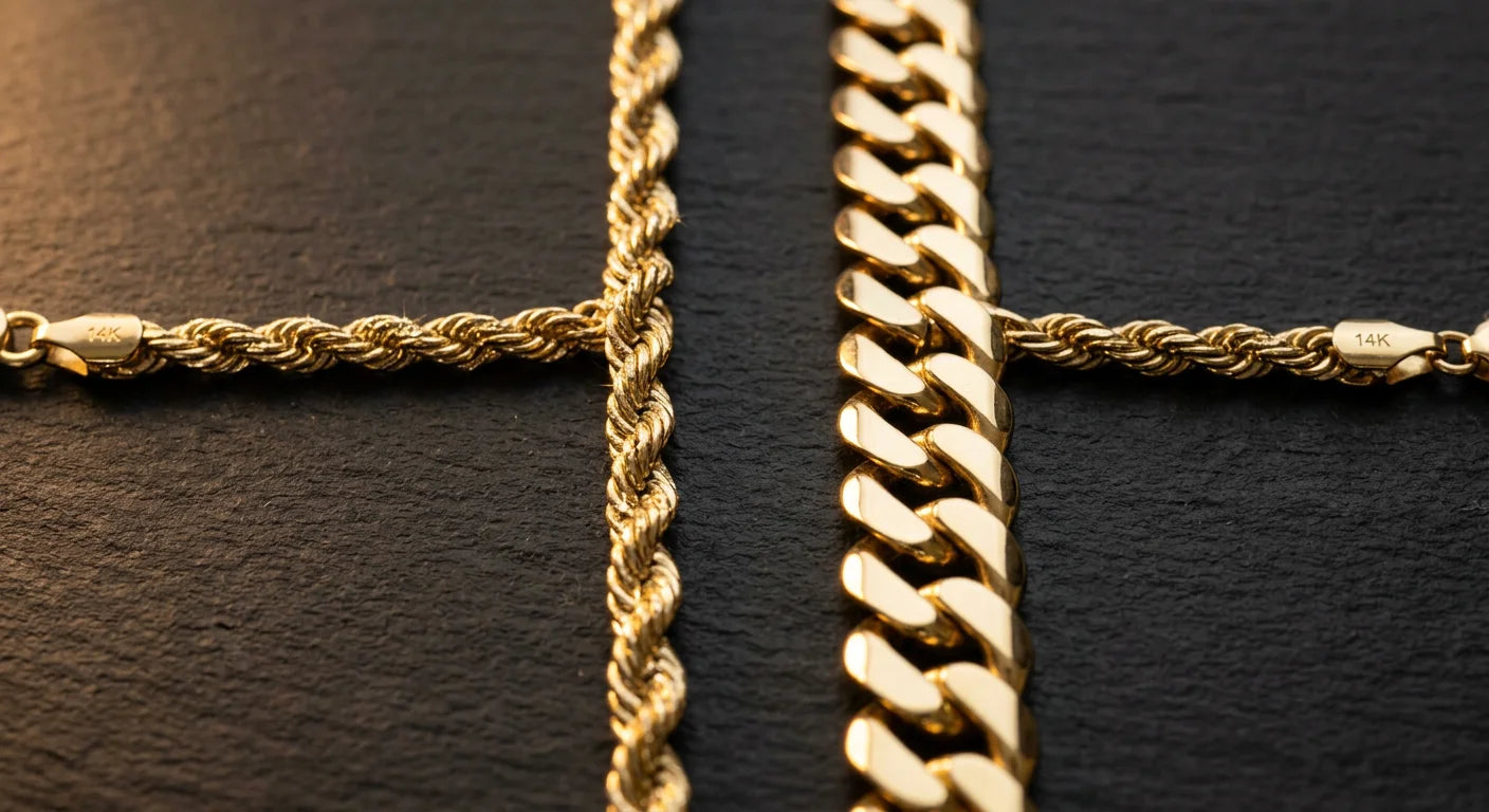 8mm rope chain versus 8mm Cuban link chain side by side showing twisted shimmer pattern versus bold flat interlocking links