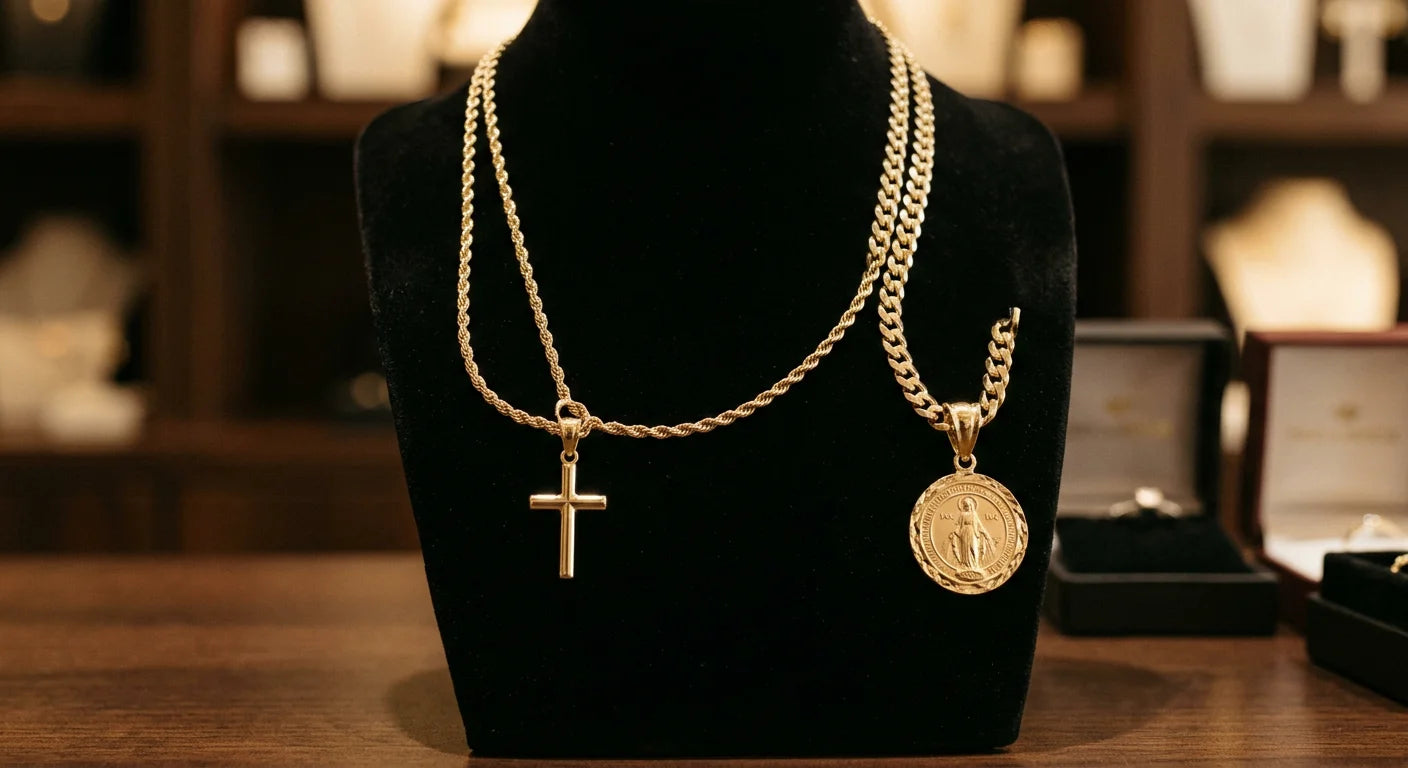 Cross pendant on rope chain versus medallion pendant on Cuban link chain showing different pendant compatibility for each chain type