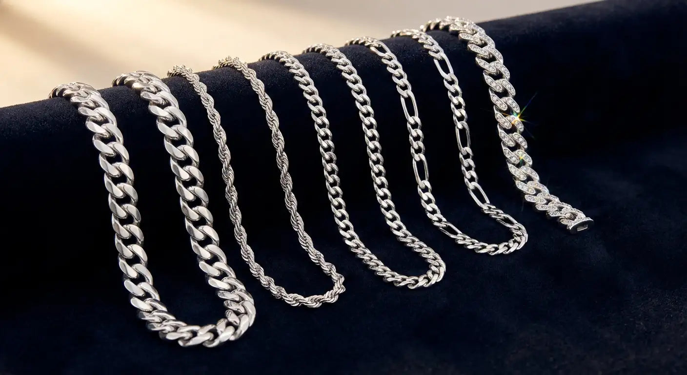 Collection of silver chains including Cuban link, rope, curb, and Figaro styles displayed on dark velvet surface