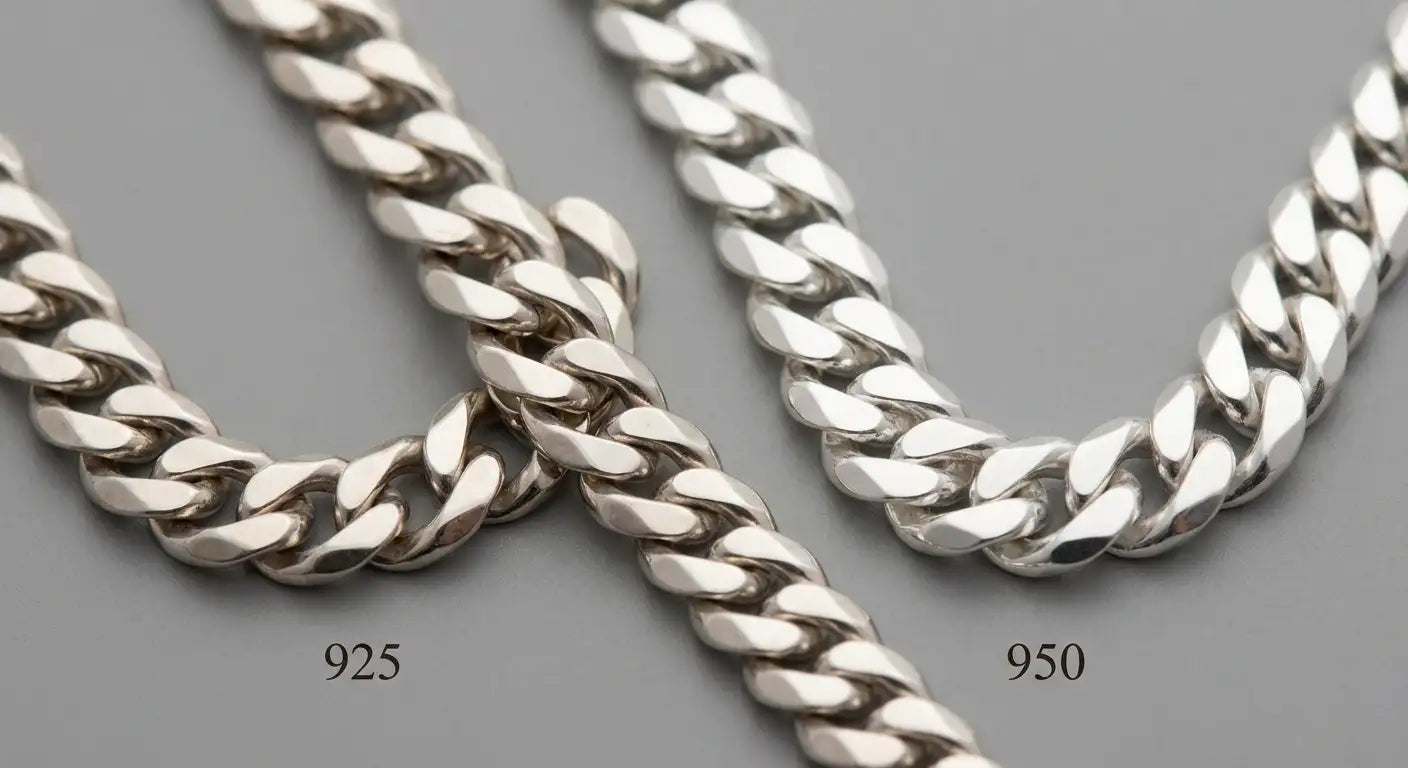 Close-up comparison of 925 sterling silver and 950 silver Cuban link chain segments showing color and finish difference