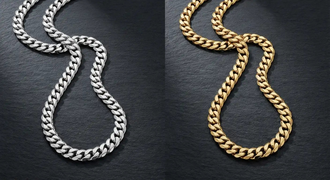 Side by side comparison of a silver Cuban link chain and a 14K gold Cuban link chain showing the color difference