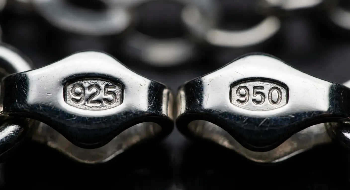 Close-up photograph showing 925 and 950 hallmark stamps on silver chain clasps