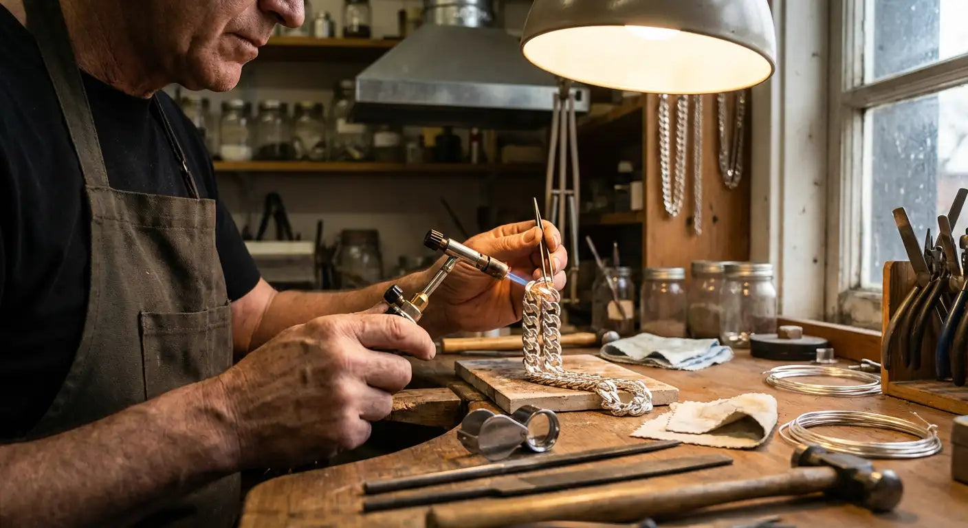 Master jeweler handcrafting a silver Cuban link chain at a professional jewelry workbench in Miami workshop