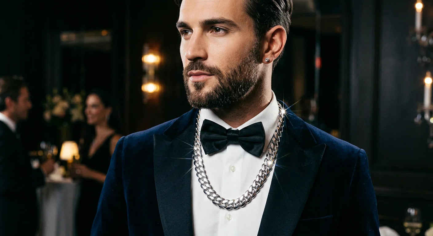 White gold Cuban link chain styled with formal dark outfit showing brilliant rhodium-plated shine for elevated occasions
