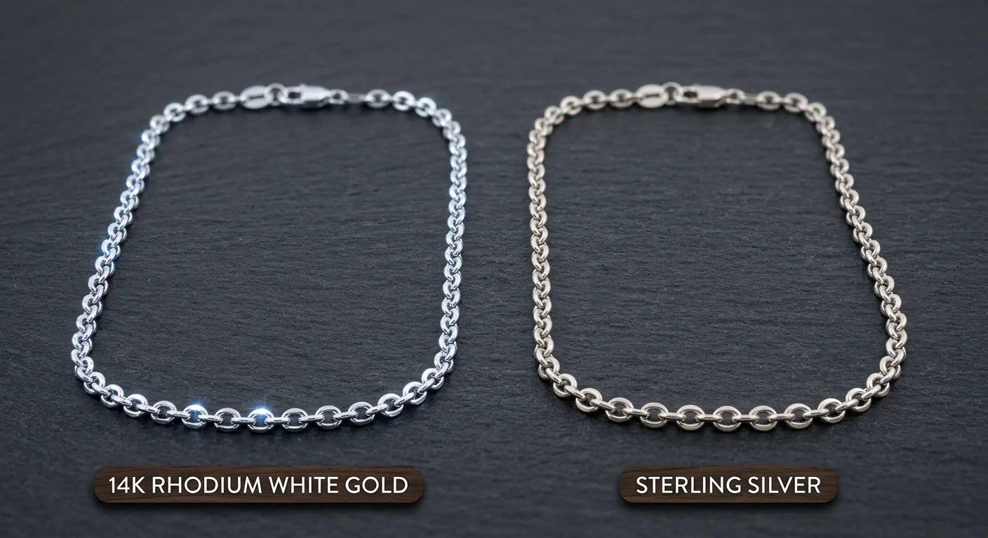 White gold and sterling silver chains side by side showing subtle color difference with white gold having brighter cool white shine