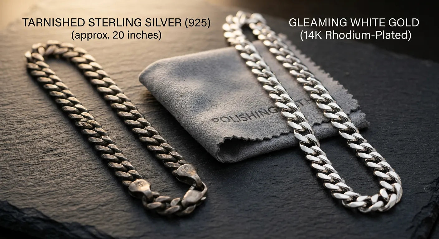 Tarnished sterling silver chain versus gleaming white gold chain showing real-world durability and maintenance difference