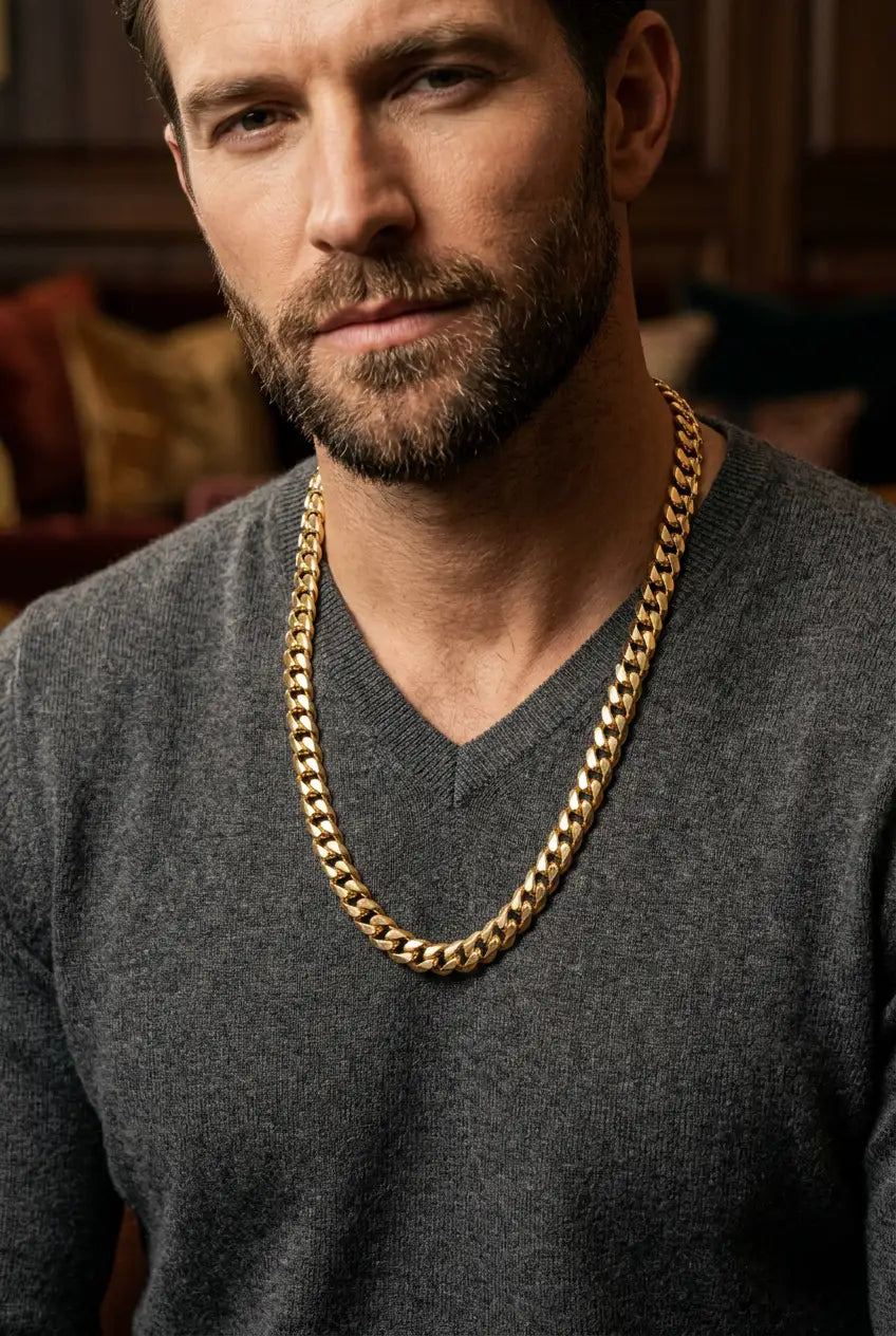 Man wearing 8mm Cuban link gold chain at 22-inch length showing versatile medium-width styling