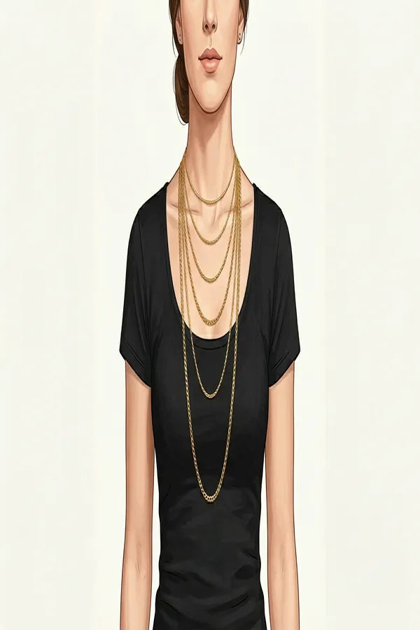 Women's necklace length guide showing six lengths from 14-inch choker to 30-inch rope on a woman's silhouette with labels