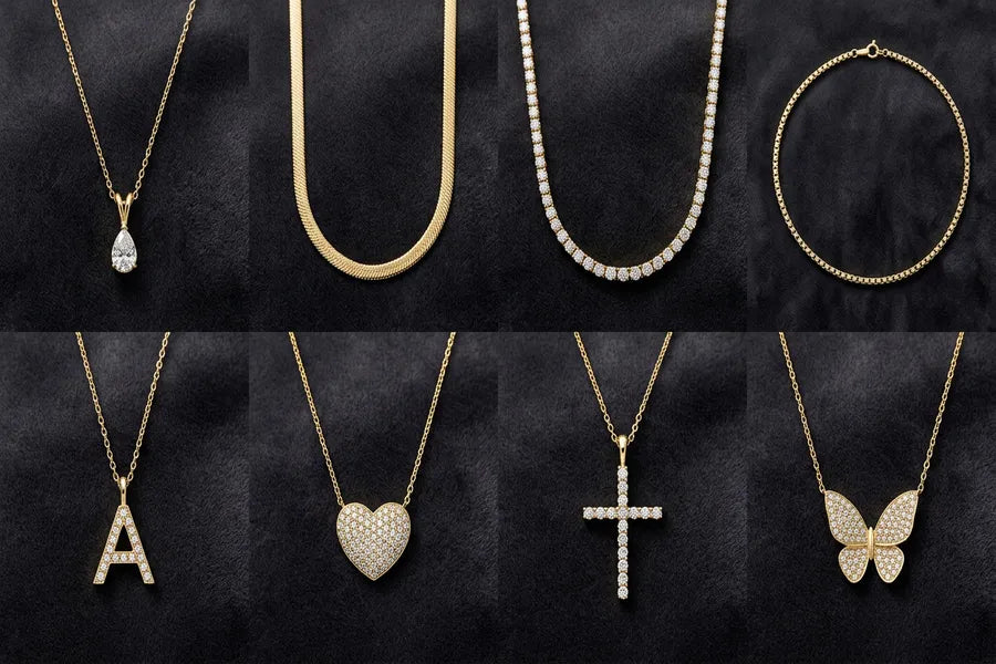 Eight different women's necklace types displayed on dark background — pendant, chain, tennis, choker, initial, heart pendant, cross pendant, and butterfly pendant