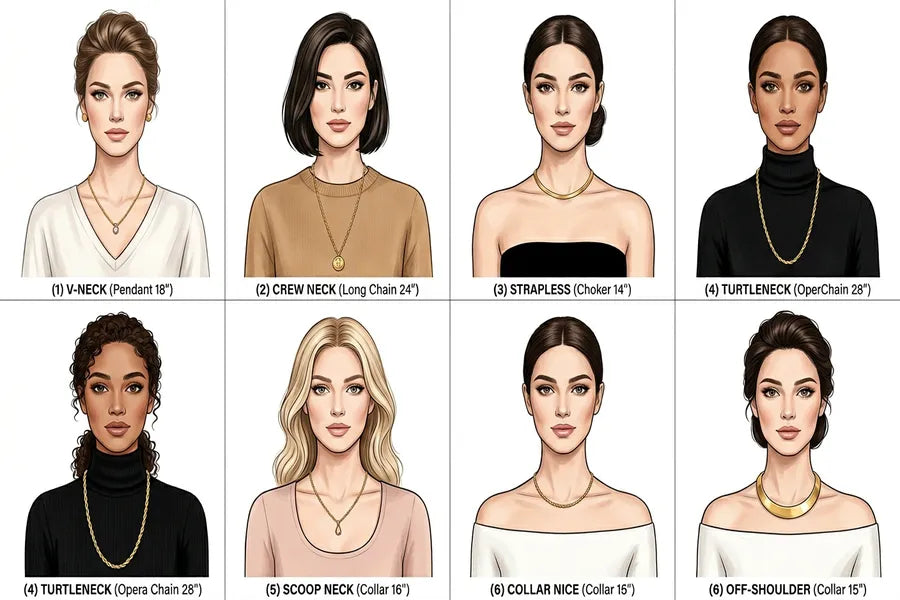 Guide showing six neckline types matched with ideal necklace styles — V-neck with pendant, crew neck with long chain, strapless with choker, turtleneck with opera chain, scoop with short pendant, and off-shoulder with collar necklace