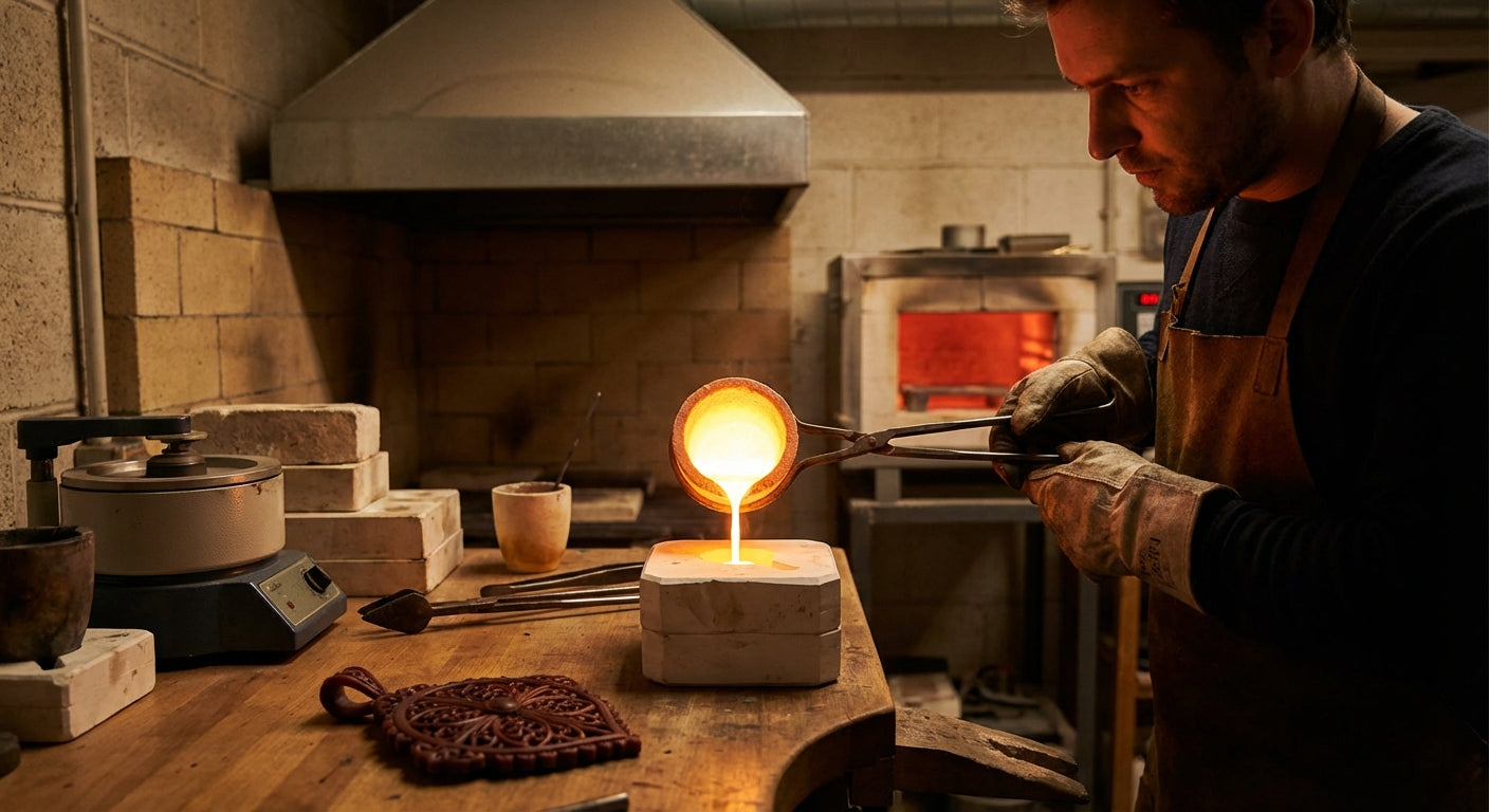 Molten gold being poured into an investment mold during the lost-wax casting process for a custom pendant