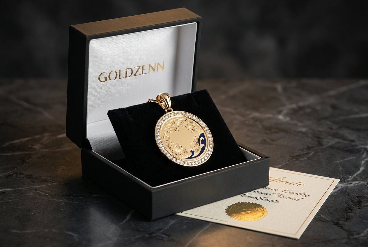 Finished custom gold pendant in premium GOLDZENN jewelry packaging with certificate of authenticity