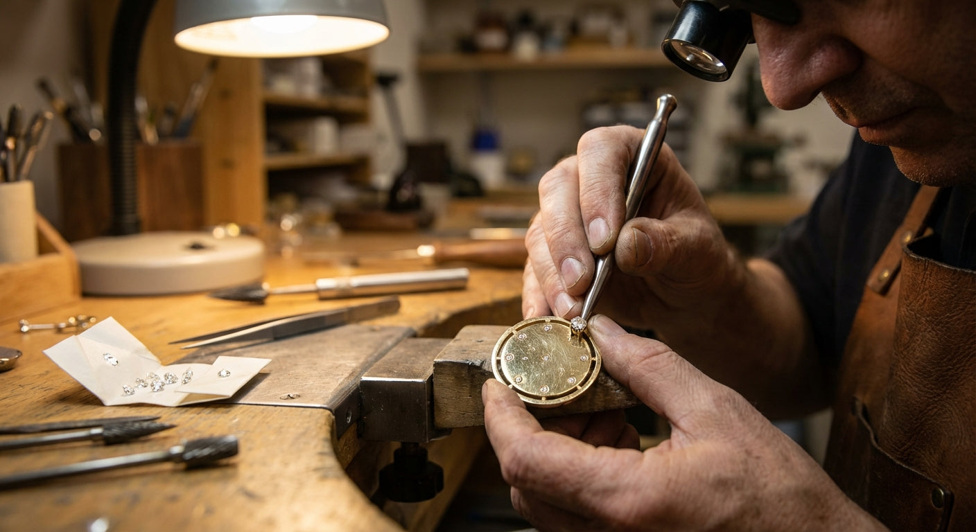 Master jeweler setting natural diamonds into a custom gold pendant at the GOLDZENN workshop