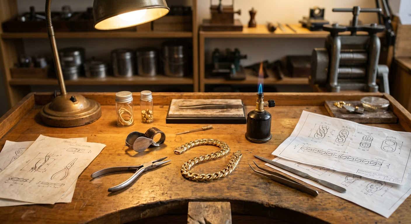 GOLDZENN jewelry workshop bench with tools, gemstones, and gold pieces in progress