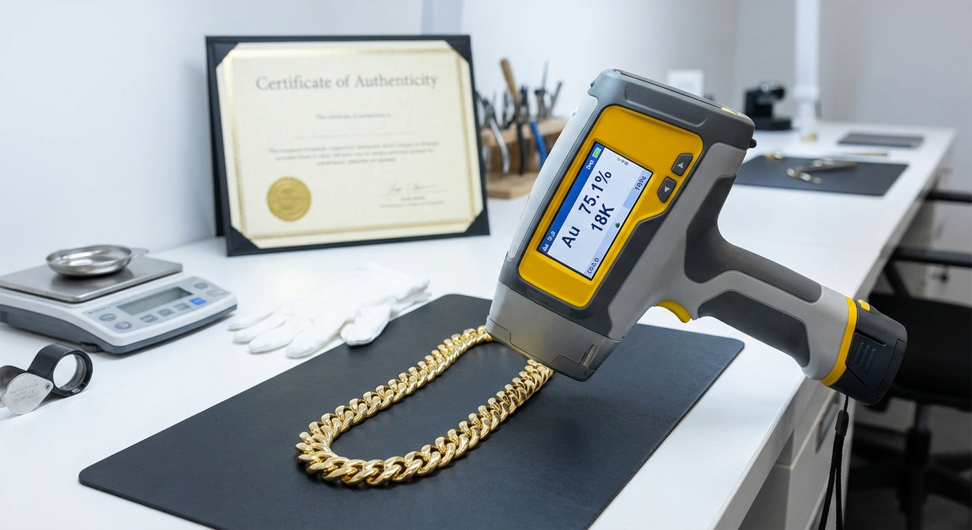 XRF analyzer testing the gold purity of a custom pendant at the GOLDZENN quality control station