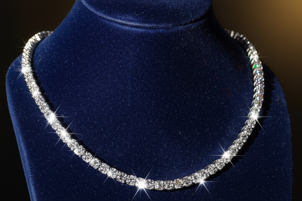 Diamond tennis chain necklace on navy blue velvet display bust showing brilliant fire and scintillation from round cut diamonds in white gold settings