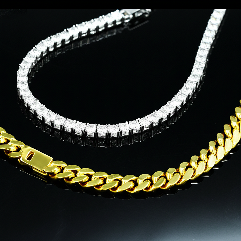Tennis chain next to Cuban link chain showing the contrast between diamond sparkle and solid gold links