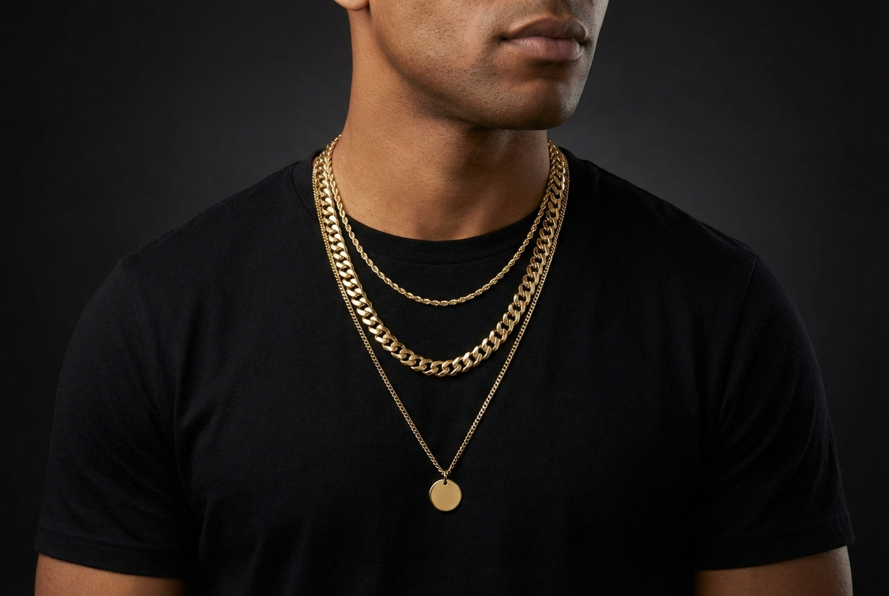 Gold chain layering: three chains of different widths and lengths creating a stacked look