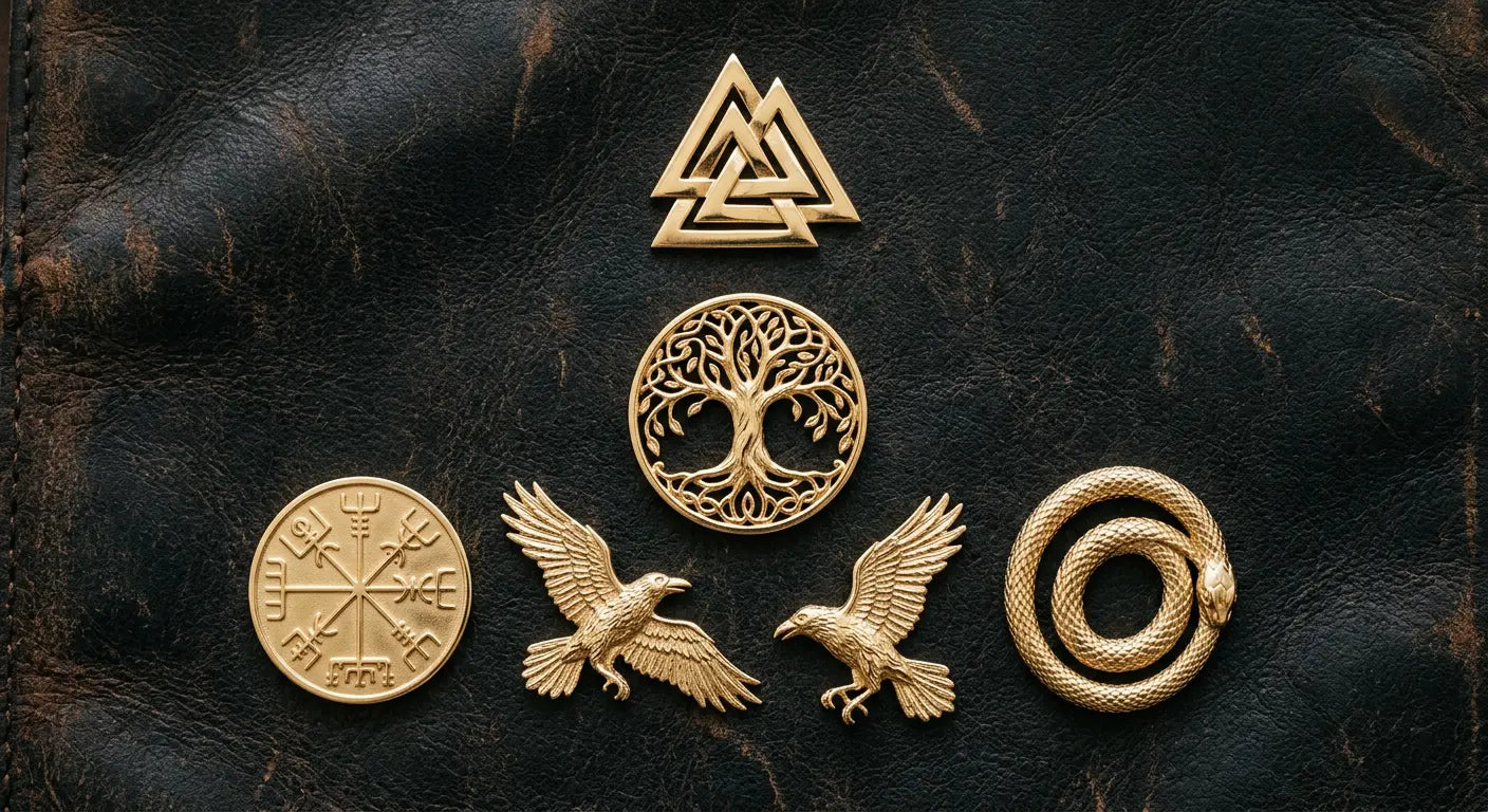 Collection of gold Norse symbol pendants including Valknut, Yggdrasil, Vegvisir, Huginn and Muninn ravens, and Jormungandr serpent
