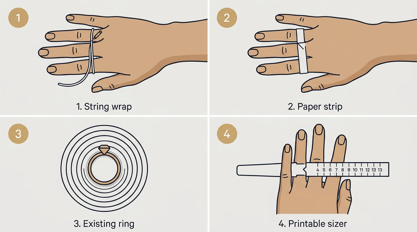 Four ways to measure your ring size at home: string wrap, paper strip, existing ring, printable sizer