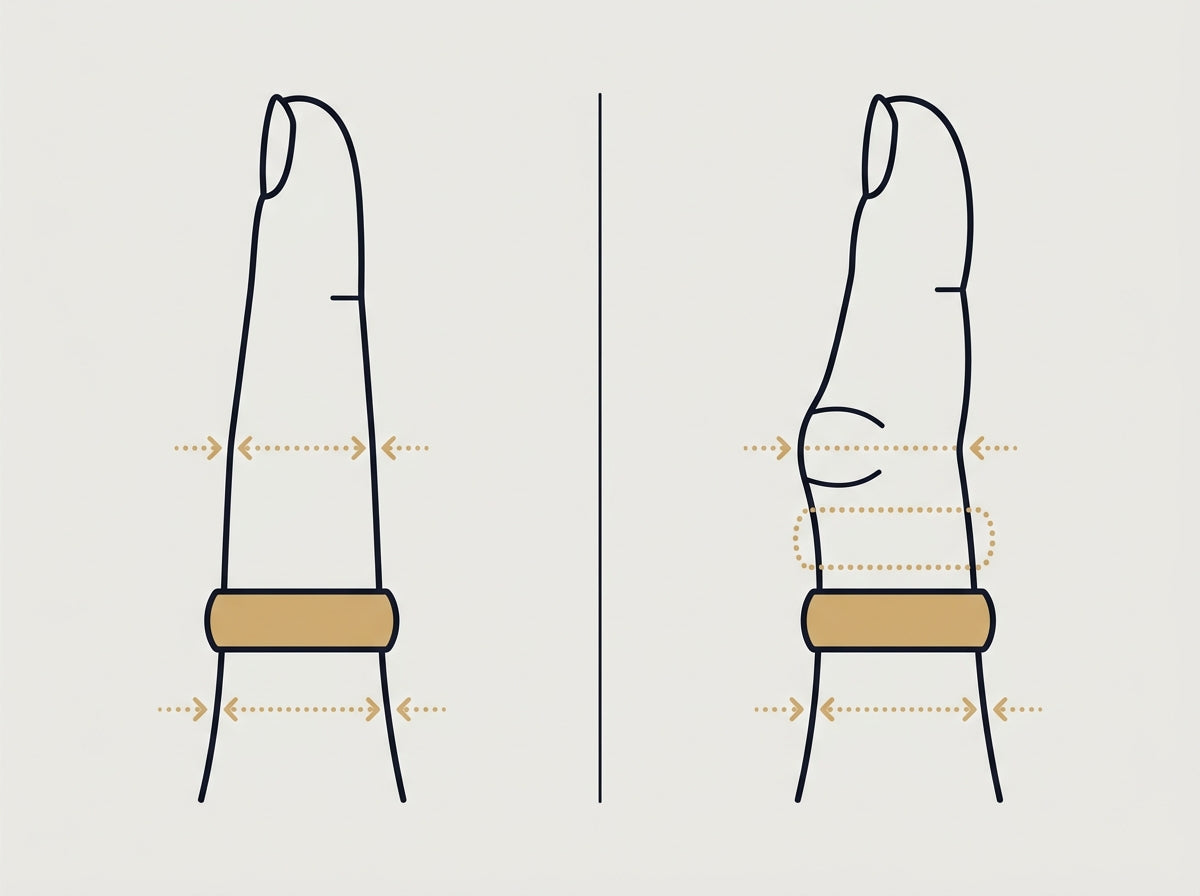 Two finger profiles illustrating knuckle-larger and straight fingers with ring sizing adjustment guidance
