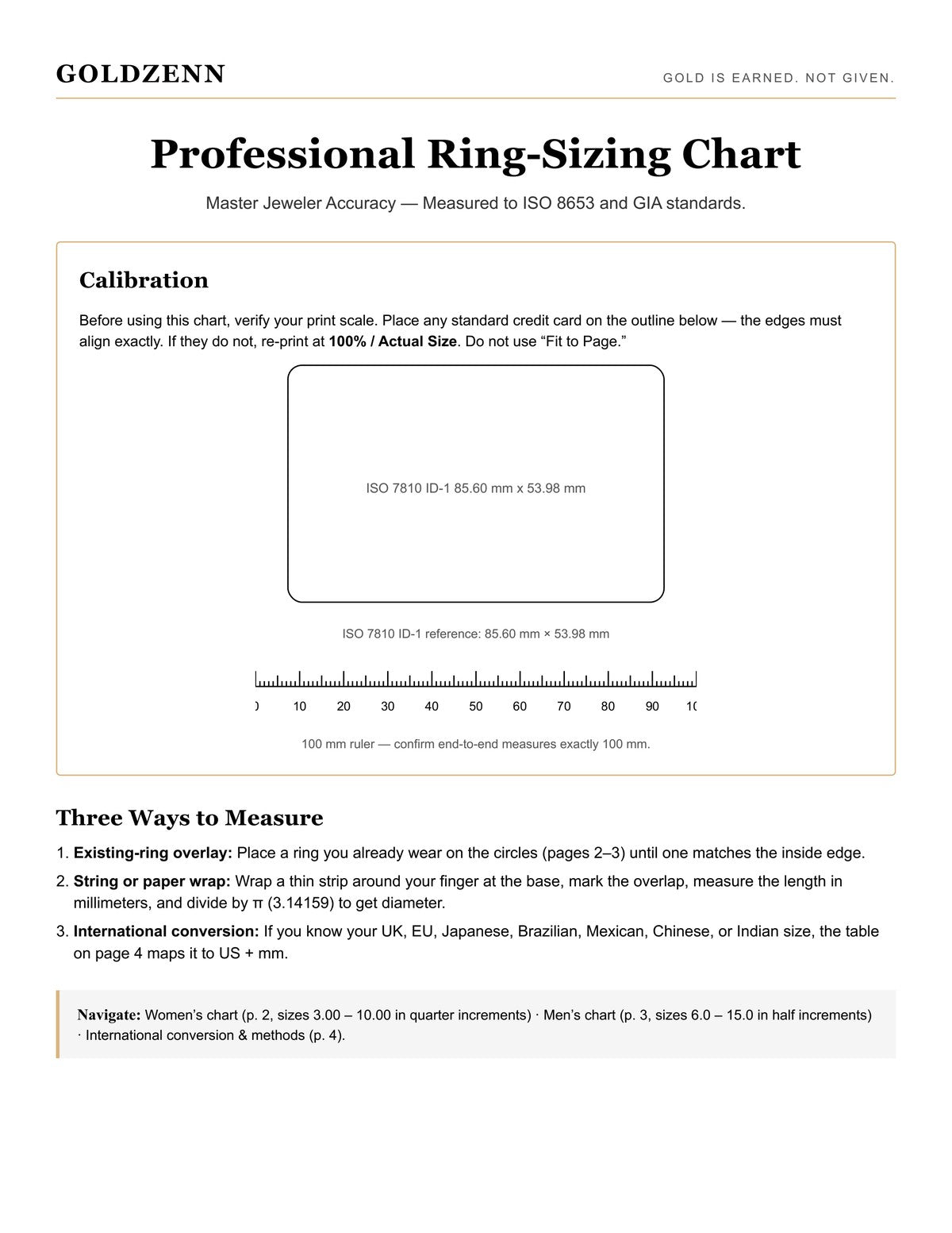 Preview of GOLDZENN printable ring size chart with men's and women's sheets plus calibration ruler