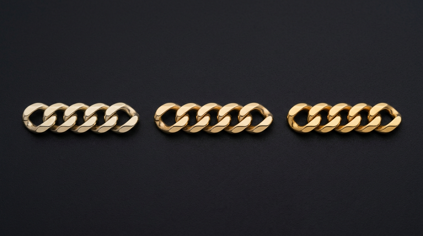 Side-by-side comparison of 10K, 14K, and 18K gold showing progressively warmer and deeper gold tones